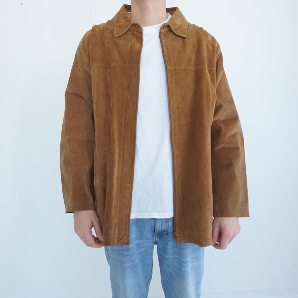 Vintage Ami Tan 100% Suede Leather Zip Up Classic Moto Jacket XL